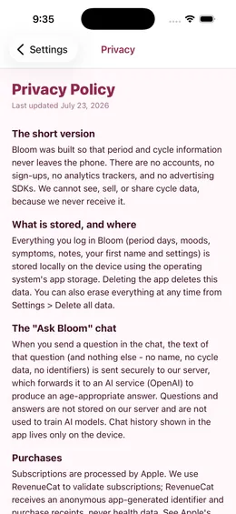Bloom privacy screen showing the optional secret-code lock